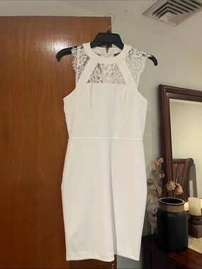 Express White Lace-Inset Midi Sheath Dress